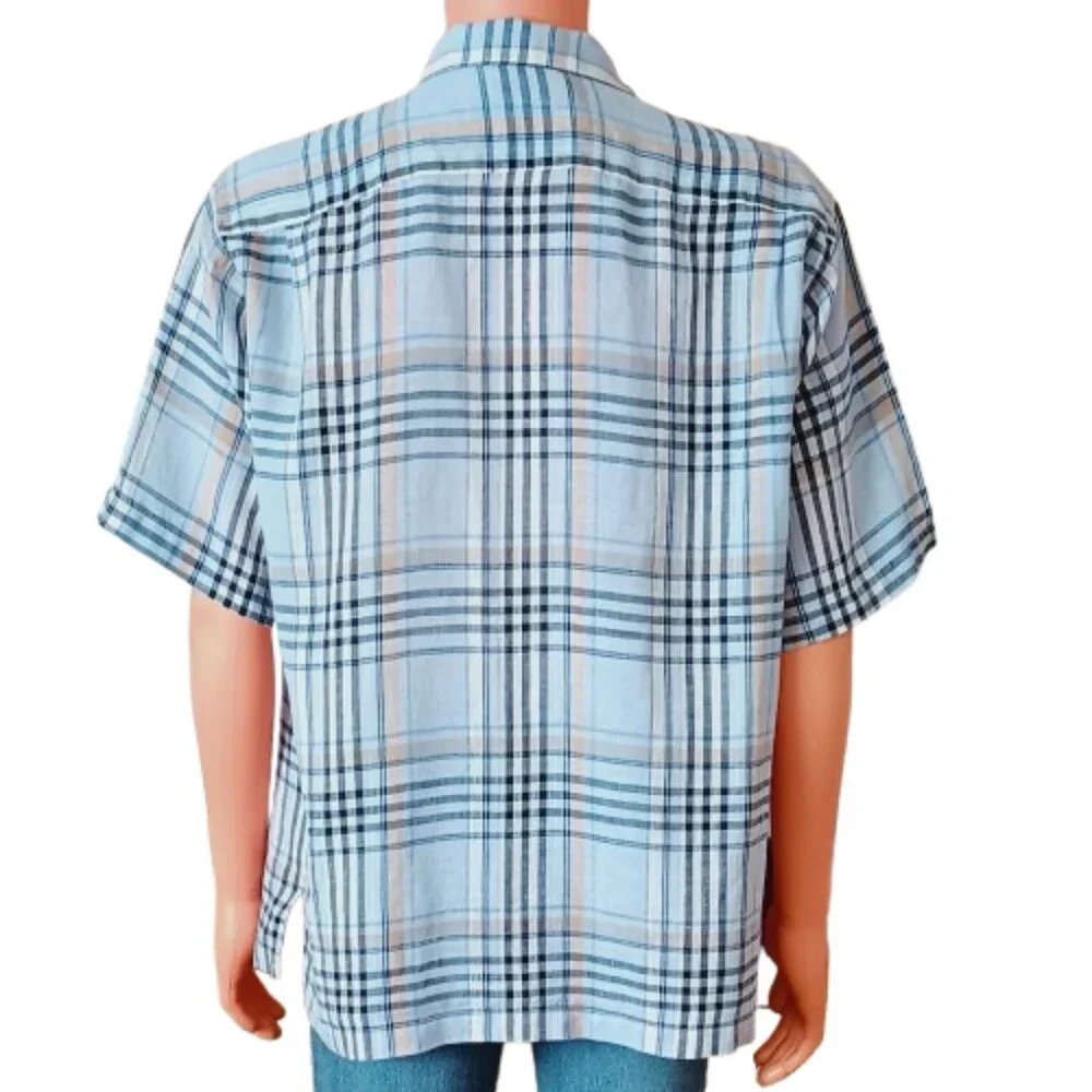 Daniel Cremieux Plaid Linen Shirt M Blue Short Sleeve Button Down Front Pocket